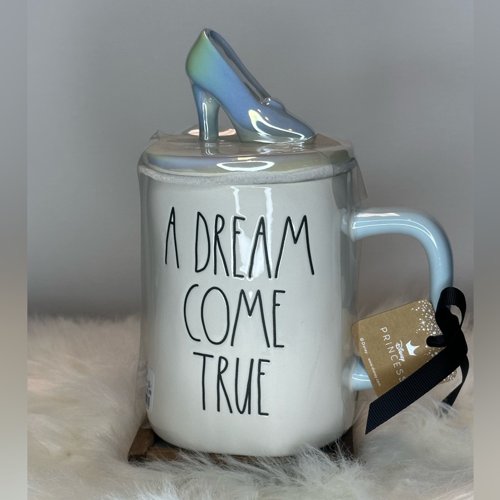 Rae Dunn Cinderella "A Dream Come True" mug with glass slipper topper